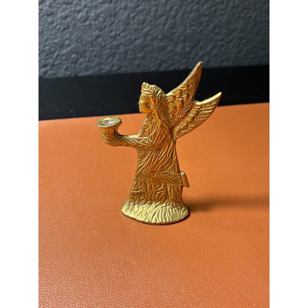 Antique Gold Tone Angel Statue with Candle Holder Religious Decor 3.5"